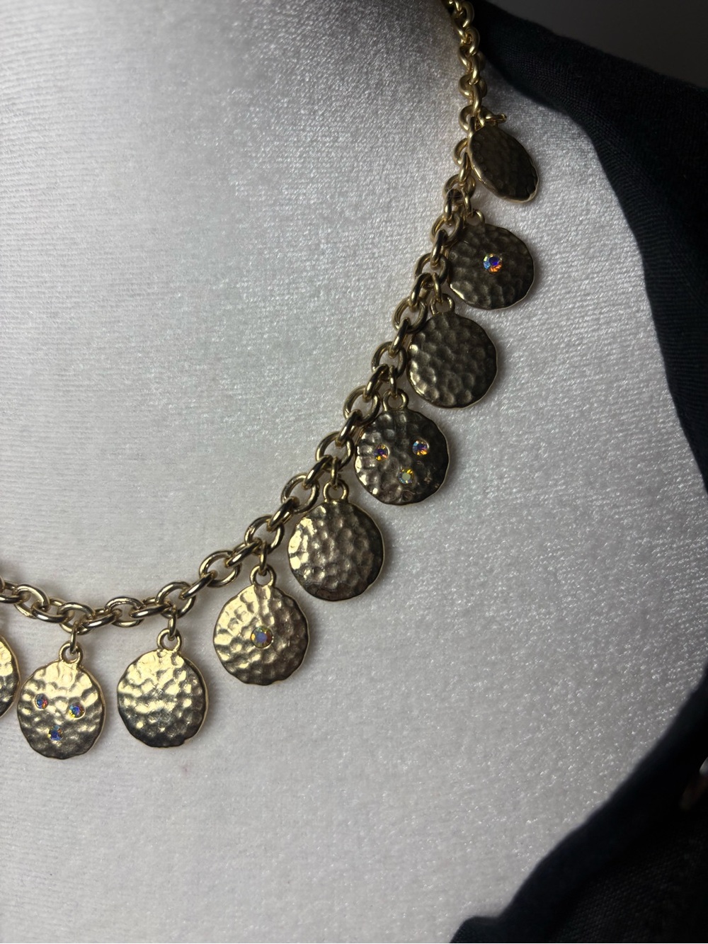 Gold Tone Hammered Disc Statement Necklace | Crystal Accent Boho Bib - Picture 2 of 7
